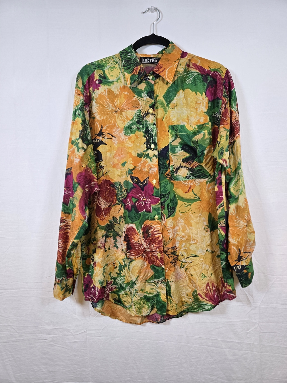 Retro 100% Silk Floral Button-Up Shirt in Yellow, Green & Magenta